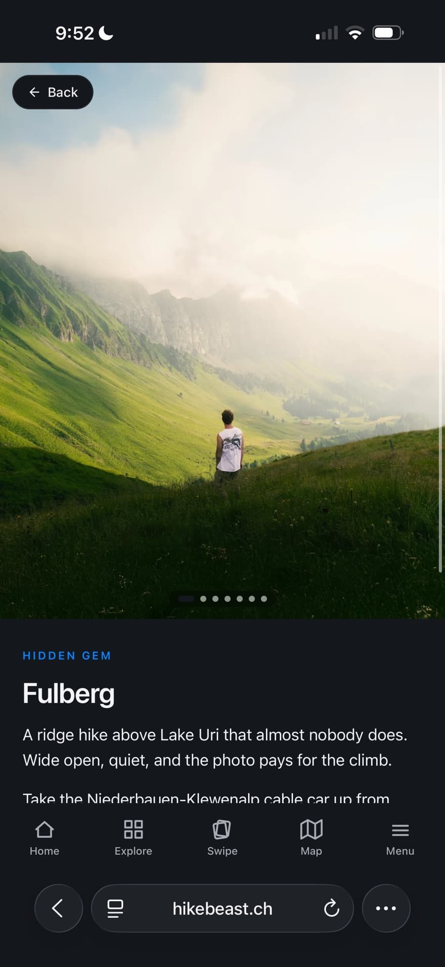 The Fulberg spot page: a photo of a green ridge, the title and the creator's notes