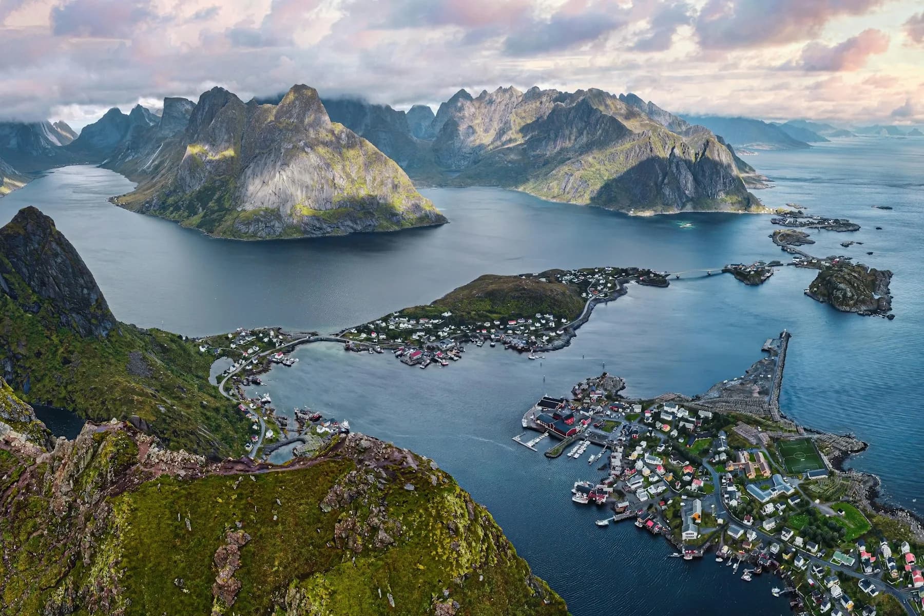 Reine and its fjord seen from the summit of Reinebringen in Lofoten