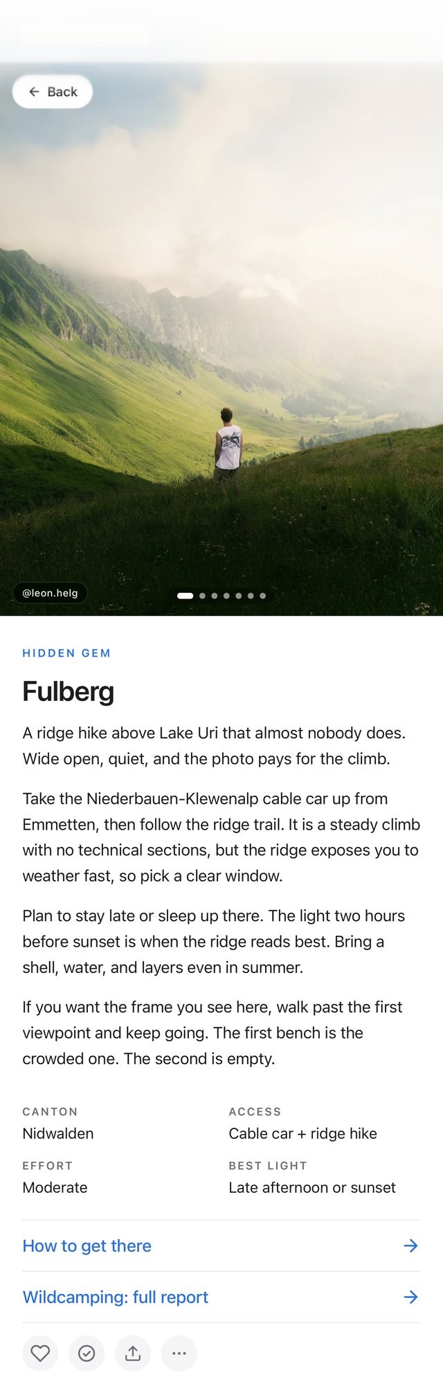 The Fulberg spot in the Sceniq app: a ridge hike above Lake Uri with directions, effort and best light