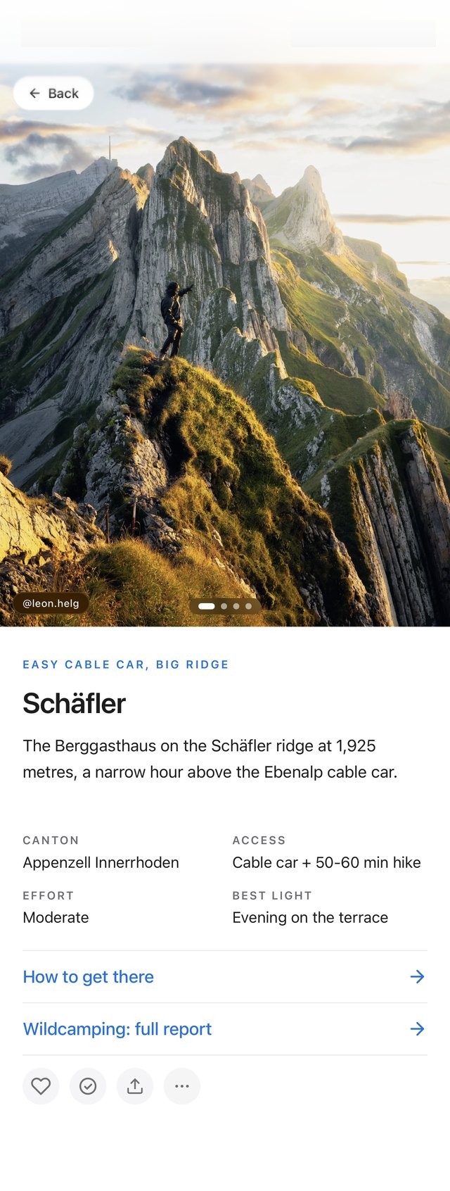 The Schäfler spot in the Sceniq app: photo credited @leon.helg, canton, access, effort, best light, directions and a wild camping report